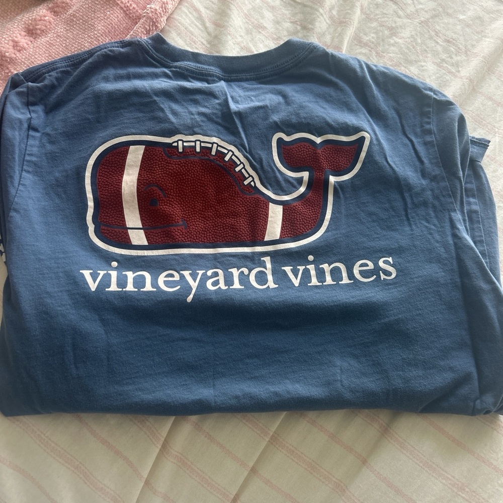 Vineyard Vines Blue Tee with Maroon Whale Football Graphic